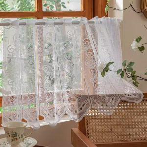 MAOMEI HOUSE Loại xuyên trục Rèm cửa ngắn ren trắng Thêu hoa Trong suốt Rèm voan nhà bếp Hộ gia đình Phong cách Mỹ Vách ngăn ngắn Phòng ngủ