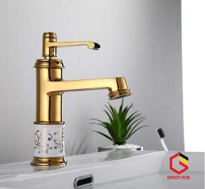 Vòi rửa mặt mạ vàng bọc sứ hoa văn GRV 053