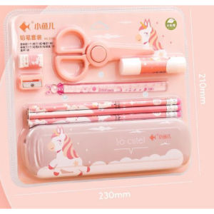 Set Alat Tulis Siswa Kartun Anak-anak 7 Buah Set Penghapus Pensil Rautan Pensil Kotak Pensil Penggaris