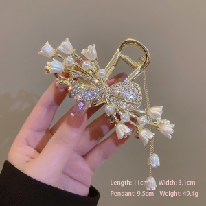 Mostin Pearl Tassel Claw Clip  Rhinestone Lily of the Valley Hair Grip for Elegant Buns & Braids