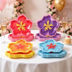 DSFSI 10Pcs Họa tiết hoa dâm bụt. Đĩa giấy hình hoa. Hình dạng không đều Giấy Đĩa dùng cho tiệc Quà tặng Hoa nhiều màu sắc Bộ đồ ăn Luau Sử dụng một lần