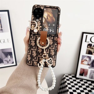 Luxury Korean Pearl Inlaid Case Oppo Find N3 Flip N2 Flip with Diamonds Wrist Strap Bracket Simple PU Leather Casing OPPO Find N3 Flip Shockproof Back Cover with Wristband