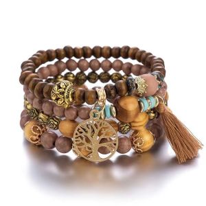 4 Layers Bracelets Tree of Life Wooden Beaded Bracelet Stackable Stretch Beads Bracelet Boho Pearl Bracelets Unique Christmas Gifts for Women