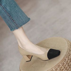 Free Shipping Tweed-Style Color-Blocked High-Heeled Shoes WomenS Spring/Autumn New Collection Shallow-Toe Soft Leather Mid-Heel Chunky-Heel Flats