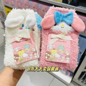 Christmas Gift Halloween 4pcs Sanrio Cinnamoroll Girl Keep Warm Coral Fleece Sock Kawaii Kuromi Cartoon Cute Winter Anti-Slip Student Plush Socks new kit