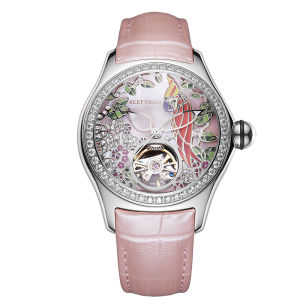 (OFFICIAL 3 Yrs WARRANTY) Reef Tiger/RT Blue Dial Fashion Watches for Women Leather Strap Waterproof Automatic Watches Diamond Tourbillon Watch RGA7105