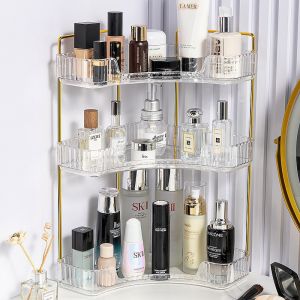 Gold Metal Rod Clear Cosmetic RackMulti-layer Skincare Display Holder forVanity Desk
