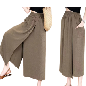 Womens Widelegged Pants Plus Size Elastic Waist Long Skirt Pants Summer Draping Casual Cropped Linen Skirt Pants