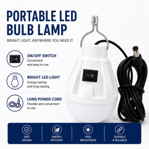 Portable LED Bulb Lamp with USB Power Easy to Hang On/Off Switch Bright Energy-Saving Light DC-3V Powered Safe Design Energy Efficient High Brightness Durable & Reliable.