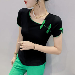 YIMEI Vintage button cheongsam top 2024 summer fashion short-sleeved blouse color matching large T-shirt