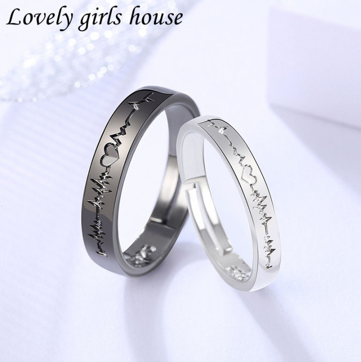 【♡Lovely girls house♡】2Pcs/Set Love Heart Electrocardiogram Couple Rings  for Men Women Lover Black Silver Color Wedding Valentine'Day Gift Lazada