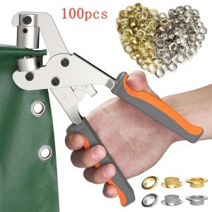 RISEDOT 3/8 10mm Size Metal Eyelets Kit Metal Material Punch Pliers Installation Tools Kit Portable with 100 Eyelets Manual Puncher for Tarpaulins