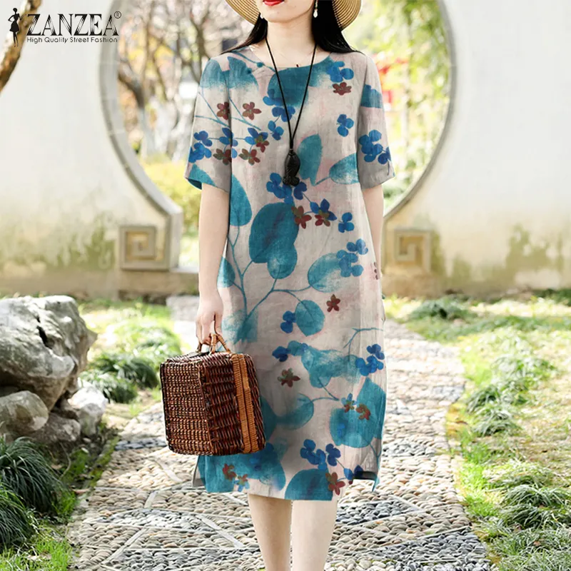 ZANZEA Womens Dresses Vintage Holiday Floral Short Sleeve O-Neck