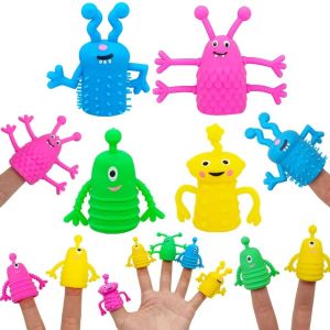 LYMEDIA 10pcs Soothing Doll Finger Topper Toy Soft Rubber Stretchy Fidget Toy Funny Cartoon Dinosaur Hand Doll Kids