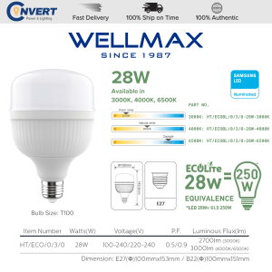 WELLMAX E27 Samsung LED T Bulb 28W 38W 47W/High Wattage/Light bulb/Night Bazaar Light/Decor light/Daylight 6500K