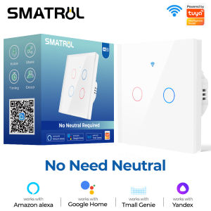 SMATRUL Smart Light Switch NO Neutral Wire NeededTuya APP 2.4 GHz WiFi Switch White 1/2/3/4 gang Tempered Glass Touch Panel Touch Wall Mount Switches Works for Alexa/Google Home/天猫精灵