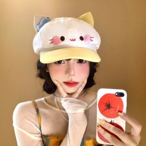 MASTERYX Tai Mèo Hoạt Hình Mũ Beret Tai Mèo Đầu To Phong cách Nhật Bản Mũ Beret hoạt hình Kawaii Mũ hình bát giác Trang phục nữ