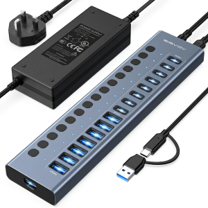 16-Port USB Hub 10Gbps 8x USB-A 3.1 + 8x USB-C Data Hub High-Speed Transfer for Hard Drives U-Disk Includes Power Adapter & Cables