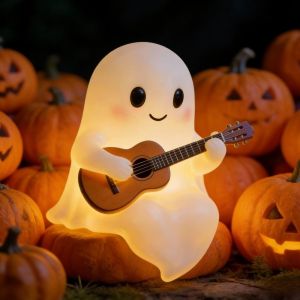 WARM Funny Ghost Night Light Resin USB Powered Spooky Ghost Figurine Creative Guitar-playing Pose Halloween Ambient Light Halloween Decor