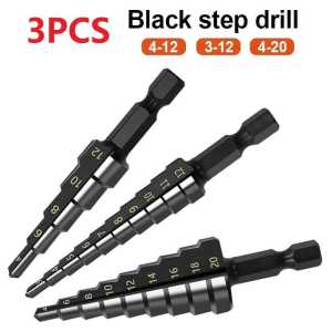 3 PCS MATA BOR PAGODA STEP DRILL PELUBANG PEMBOLONG BESI BAJA KAYU PLASTIK MULTIFUNGSI - Hitam