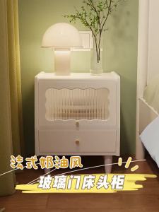 Solid Wood Bedside Table Long Rainbow Glass Modern Simple Bedroom Small French Cream Style White Bedside Table Locker