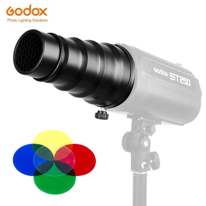 DynaSun A188 XXL Snoot Conique + Nid D'Abeille + 4 Filtres Couleur - Pour Flash Bowens S-Type Studio Photo Vidéo