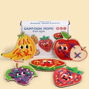 SUN ME Educational Fruit Threading Toys Fine Motor Skill Hand-eye Coordination Wooden Lacing Toy Children Early Learning Caterpillars Eat Fruit Toddlers Baby