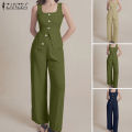 ZANZEA Women Fashion Square Neck Sleeveless Button Up Vests Straight Long Pants Plain Office Two-piece Outfits #0825. 