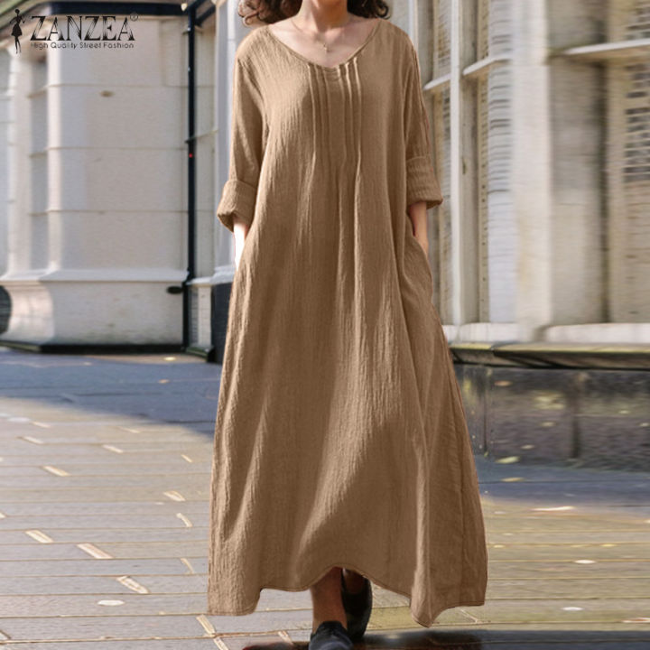 ZANZEA Women's Dresses Casual Long Sleeve V-Neck Side Pockets