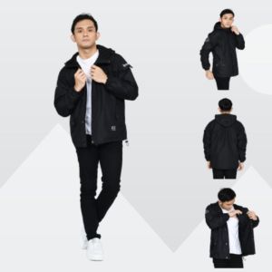Jaket Pria Jaket Semi Parka Taslan Waterproof Jaket Parasut Hoodie Simple Hoxer Hitam