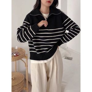 BL20746 Heesoo Striped Zip Knit Sweater Blouse