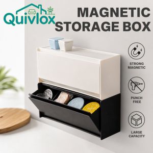 Quivlox Wall Mounted Storage Box Magnetic Refrigerator Organizer Punch Free Removable Side Hanging Rack