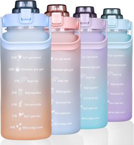 Sports Water Bottle 2000ml/67.6oz Gradient Color Portable Large Capacity Leak Proof Plastic Water Bottles with Straw and Time Marker for Women Girls Home Office School and Travel Use