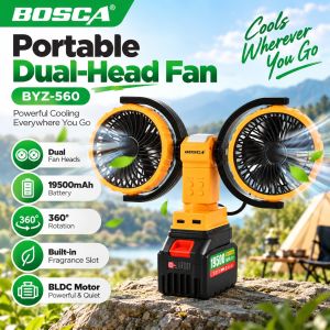 BOSCA Dual Head Rechargeable Cordless Portable Fan 19500mAh BLDC Motor 360 Rotation Camping Home Office BYZ-560