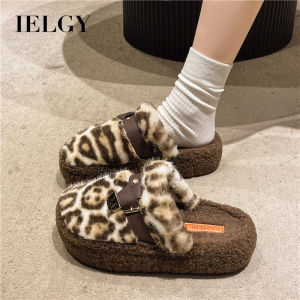 IELGY Fashion leopard print plus size fur slippers womens autumn winter baotou belt buckle platform sole