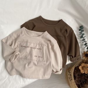 2026 Spring Autumn Children Patch Letter Print Long Sleeve T-shirt Boy Baby Cotton Bottoming Shirt Loose Girl Kids Casual Tops2026