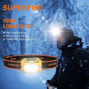 SUPERFIRE HL05-S Yellow+White Light Headlamp USB Rechargeable Super Bright 350 Lumens Motion Sensor 3 Mode Headlight With Red Light Warning Mode