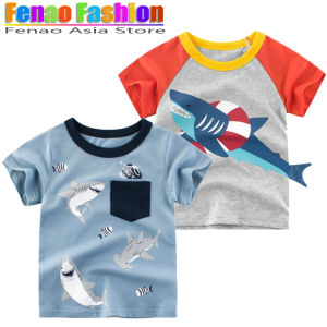 เสื้อยืดลายฉลามสำหรับเด็กผู้ชายเสื้อแขนสั้นสำหรับเด็กเสื้อยืดผ้าฝ้ายปักเสื้อผ้าเด็กผู้ชายเสื้อแฟชั่นสำหรับเด็กผู้หญิง