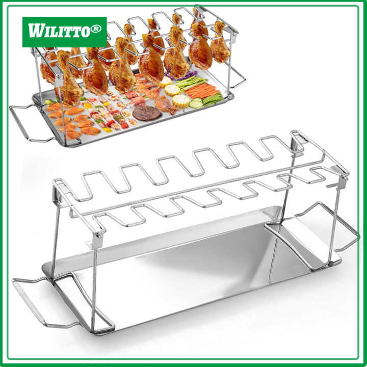 BBQ Chicken Wing Leg Grill Rack Even-Heat with Drip Pan Multipurpose ...