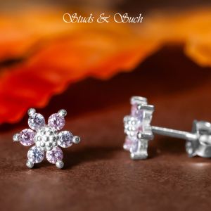 [Studs & Such] 925 Silver Mini Flower Stud Earrings With Light Pink & Blue Cubic Zirconia