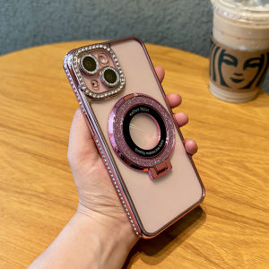 Glitter Folding Magsafe Stand Rhinestone Plating Side Soft Transparent Phone Case For iPhone 16 15 14 Pro Max Plus 16e 13 12 11 Pro Max Luxury Berlian Diamond Phone Cover Magnetic Wireless Charging Phone Casing With Glitter Lens Films Protection
