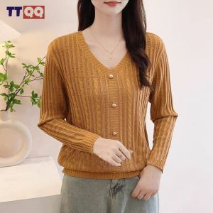 TTQQ Womens V-neck Long-sleeved Sweater Loose Bottoming Top