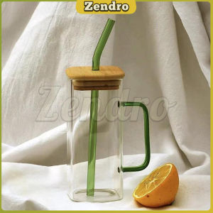 ZEO 400ml Creative Square Borosilicate Glass Cup with Colored Handle and Bamboo lid & Glass Straw