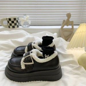 IELGY Platform loafers womens winter 2024 new straight buckle white pile block heel round toe flatform Japanese leather shoes