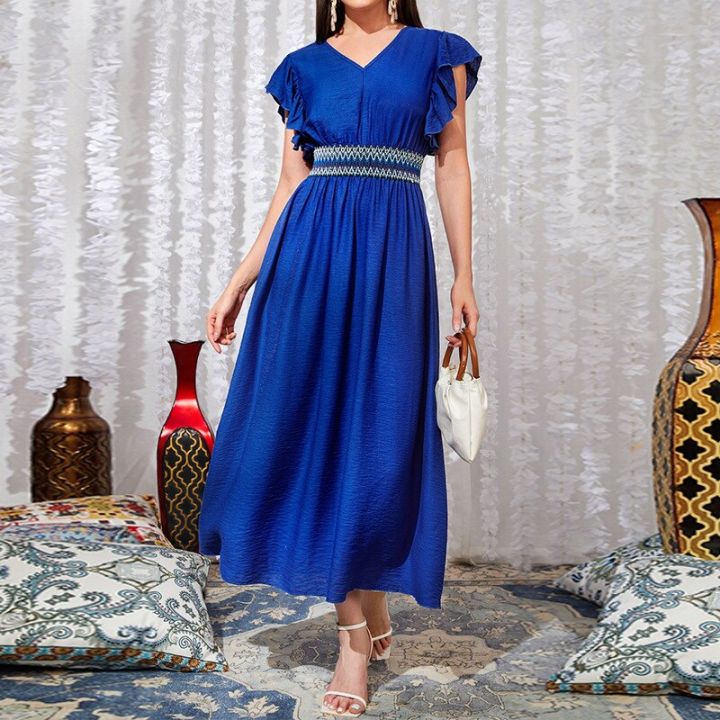 Royal Blue Elegant Party Chiffon Dress V-neck Puff Sleeve Solid Dress for Female  Spring Summer High Waist Fashion Dress 2023 LouBens.