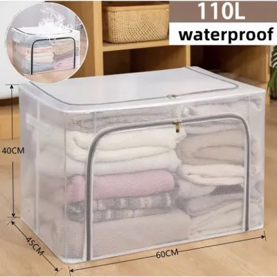 【buy more save more】110L Large Capacity Transparent boxFoldable Storage Box for clothes PVC Nylon Waterproof and moisture-proof Sundries Organizer box Stackable megabox With Steel Frame Dual Zipper