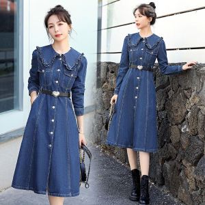 Fashion long-sleeved denim dress womens new temperament medium and long slim-fitting waist denim dress