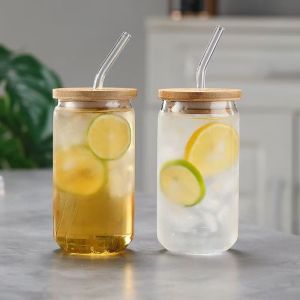 KUMI 500ml Transparent Borosilicate Glass Cup with Bamboo Lid & Glass Straw – Iced Coffee Milk Juice Mug