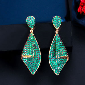 SEQUITO New Fashion Festival Party Jewelry Full Micro Inlaid Round Green AAA Cubic Zirconia Stones Designer Women Prom Yellow Gold Color with 925 Silver Pins Dangle Drop Earrings SE795