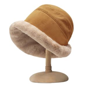 FUDESHE ฤดูหนาวในฤดูหนาว สำหรับผู้หญิง ลำลองแบบสบายๆ บวกกำมะหยี่ อบอุ่นและอบอุ่น หมวกปานามา หมวกทรงถัง หมวกบังแดด หมวกชาวประมงหมวก